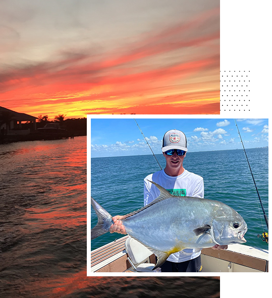man holding a fish in front of a beautiful orange sunset