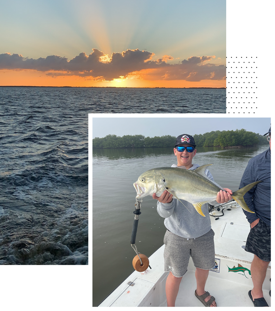 man smiling and holding a fish in front of florida coast sunset